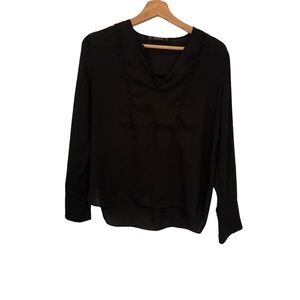 Zara Basic Black Long Sleeve Deep V Neck Blouse Size Medium